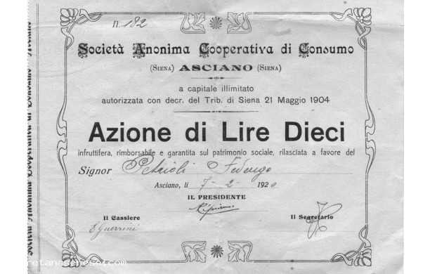 1920 - Sottoscrizione Azioni a sostegno Coop di Consumo